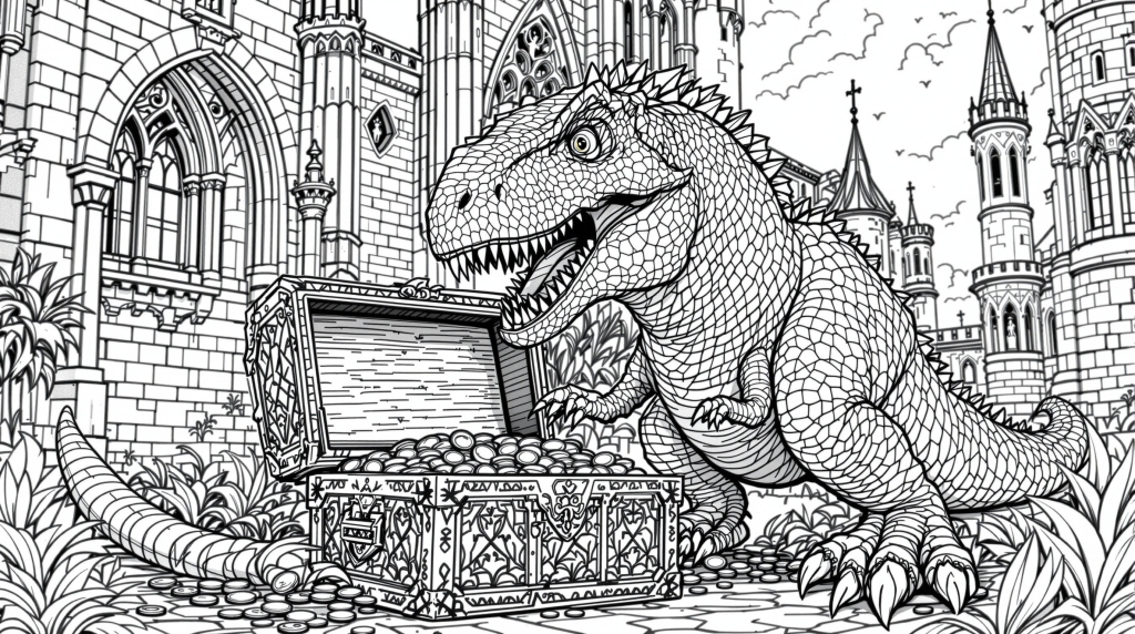 中世の城で財宝を守るティラノサウルス・レックスの緻密な大人の塗り絵