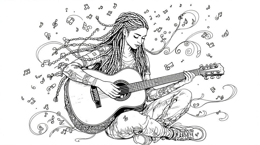 三つ編みヘアのおしゃれな女の子がアコースティックギターを弾く塗り絵 - 音符が舞う繊細なデザイン