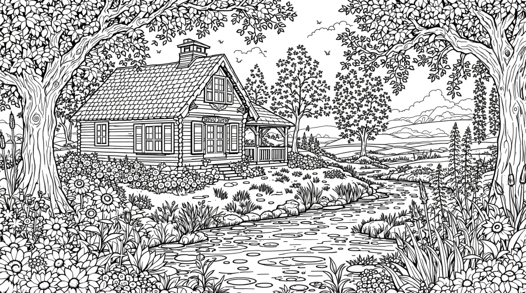 牧歌的な風景の塗り絵 - 草原と川に囲まれた素朴な山小屋、木々や花々を描いた繊細な大人の塗り絵