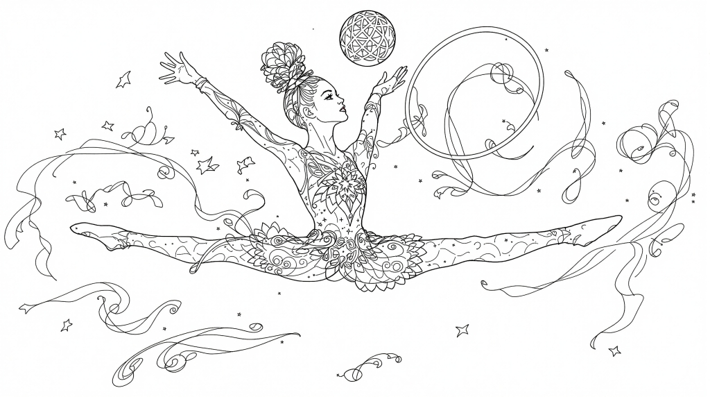 新体操選手の躍動感あふれる塗り絵 - 開脚ジャンプでボールとフープを操る若き体操選手