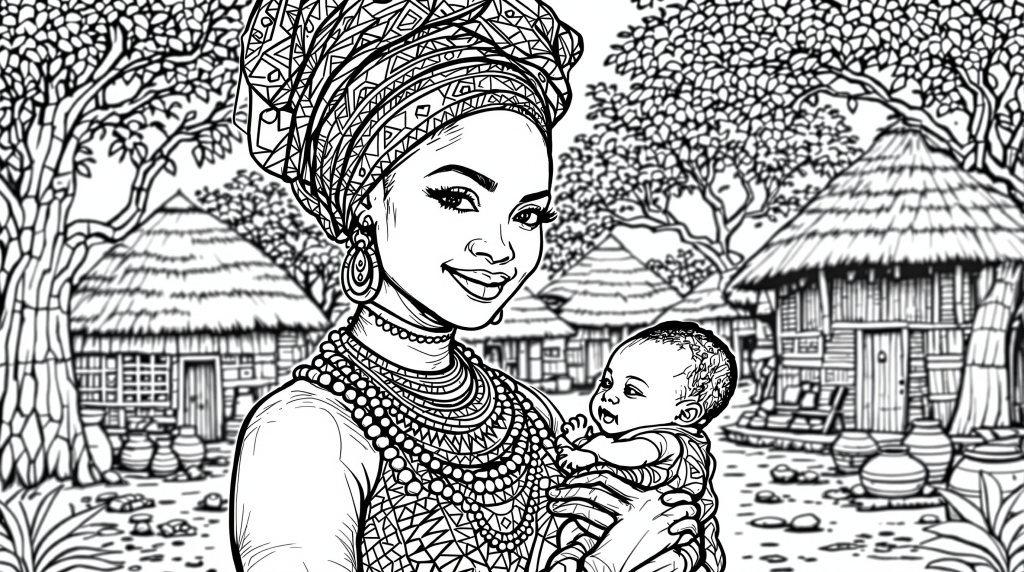 En sofistikerad afrikansk mamma och barn målarsida som visar traditionellt bylivet med intrikata kulturella detaljer.