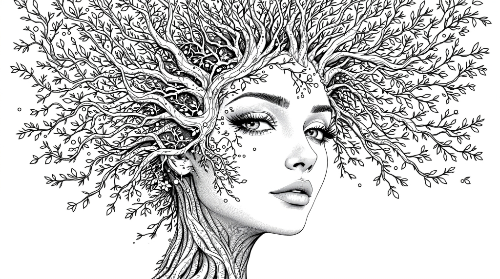 Ett fascinerande konstnärligt porträtt som visar en kvinnas ansikte sömlöst integrerat med intrikata trädgrenar och botaniska element i sofistikerad linjekonstsstil.