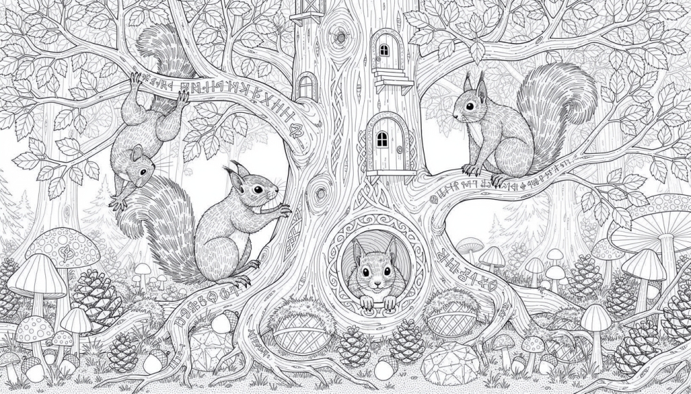 En förtrollad ekorrfamilj leker runt ett magiskt träd i denna detaljerade målarbok för vuxna.