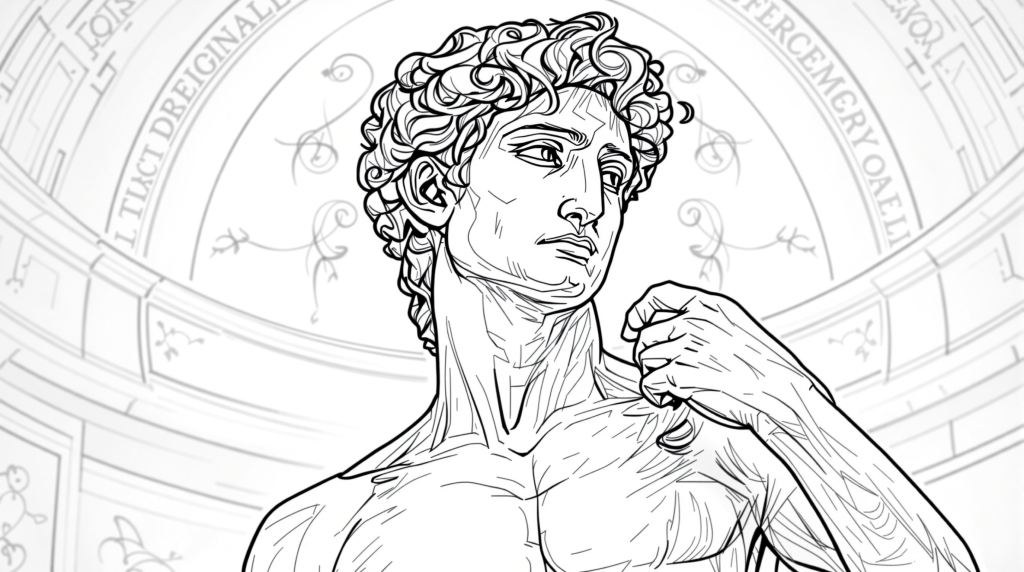 ミケランジェロのダビデ像の大人の塗り絵 - ルネサンス様式の精緻な解剖学的デザイン