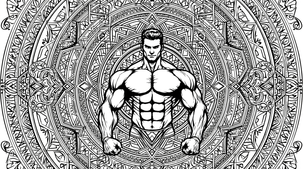 ボディビルダーを中心にした幾何学模様のマンダラ塗り絵 - 左右対称の円形デザイン