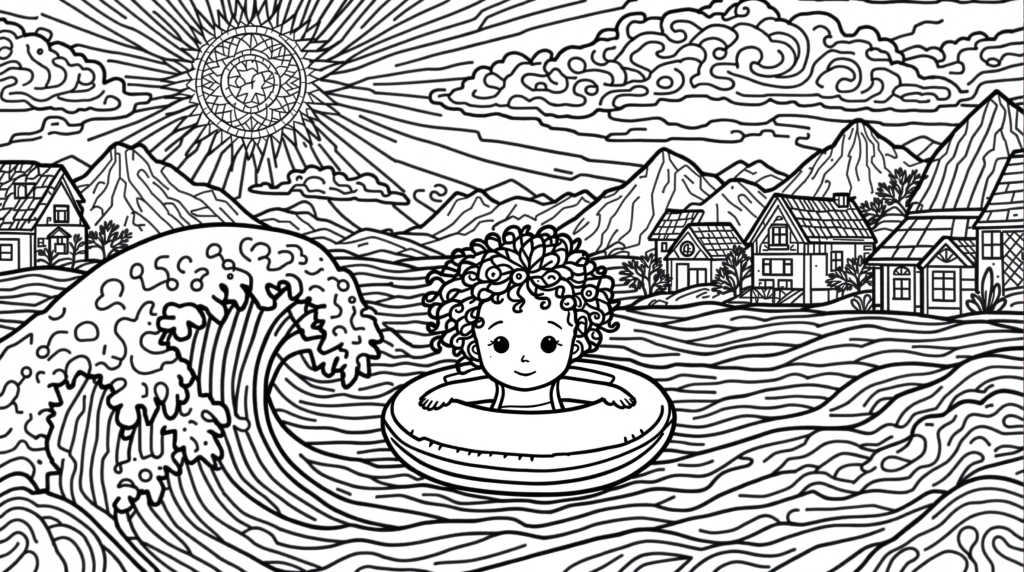 En nyckfull glasmålning färgläggningssida med en liten flicka som simmar med en uppblåsbar ring i detaljerade havsvågor.