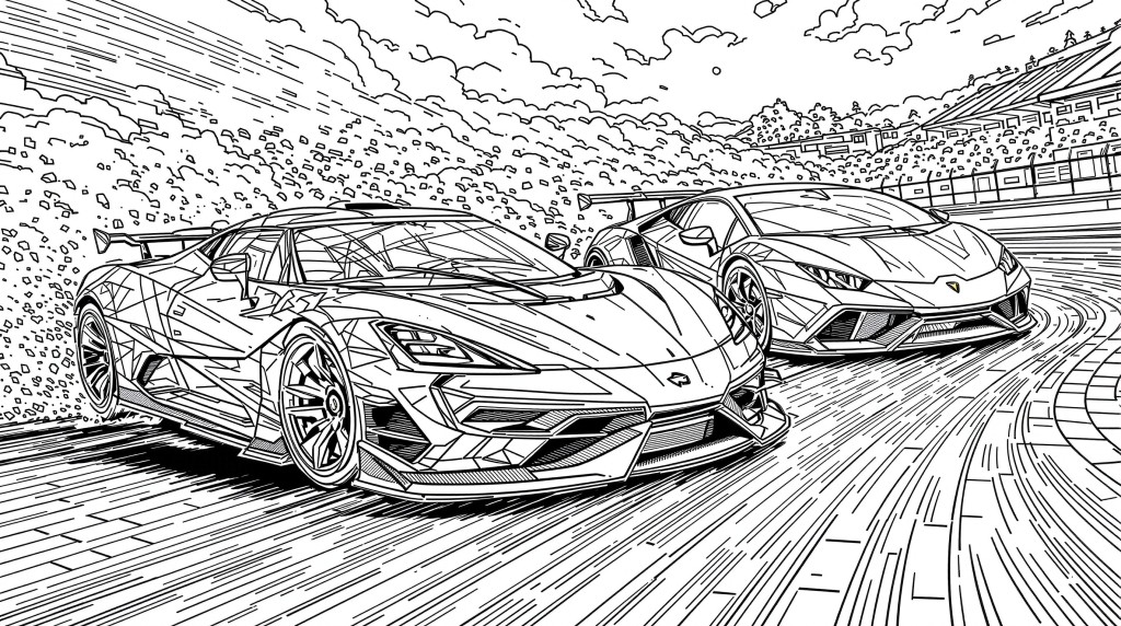 An advanced coloring page featuring a Koenigsegg Jesko and Lamborghini Huracan racing through a dramatic turn at a professional racing circuit.