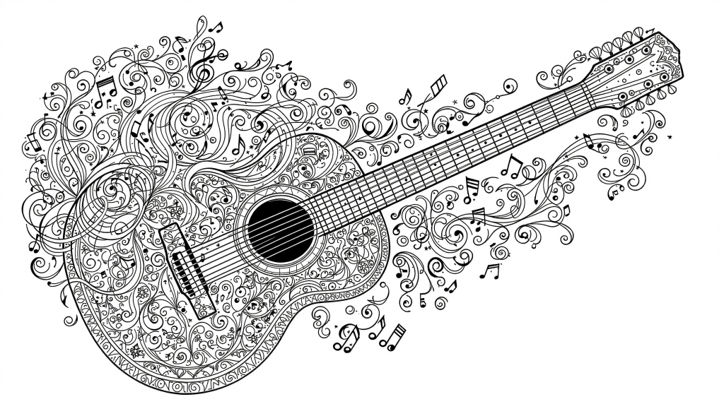 En indviklet akustisk guitar farveside med flydende musiksymboler og udsmykkede dekorative mønstre.