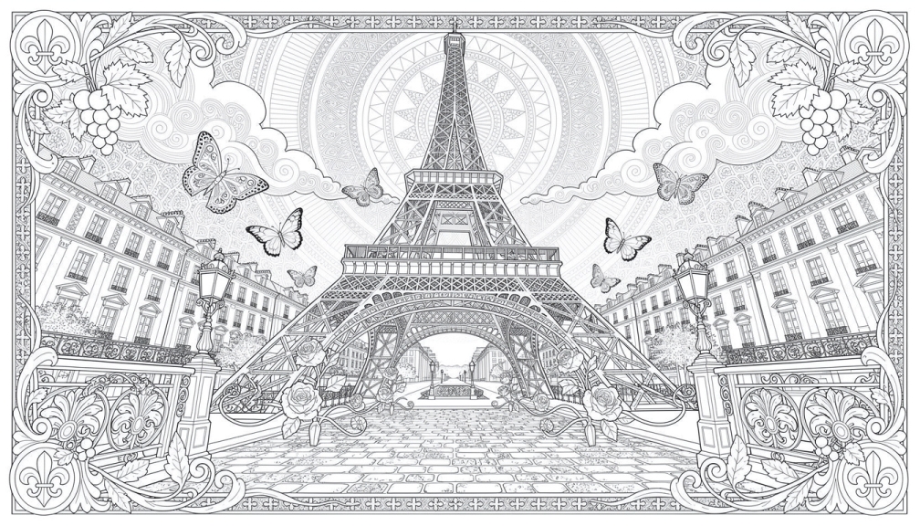 En intrikat Eiffeltårn fargelagt for voksne med detaljerte Art Nouveau-dekorasjoner og parisisk arkitektur i symmetrisk komposisjon.