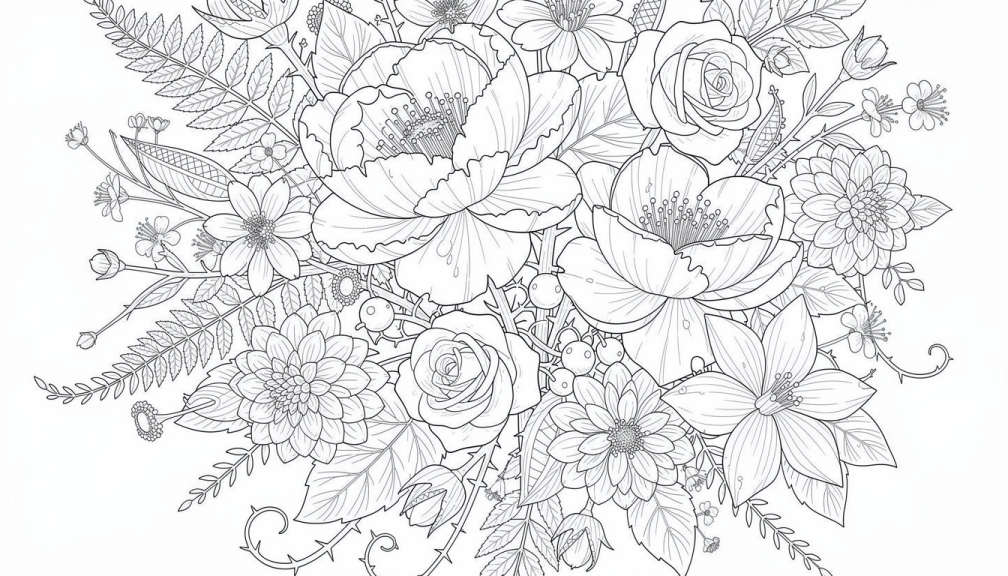 A lush garden bouquet radiates from the center with peonies, roses, dahlias, and ferns.