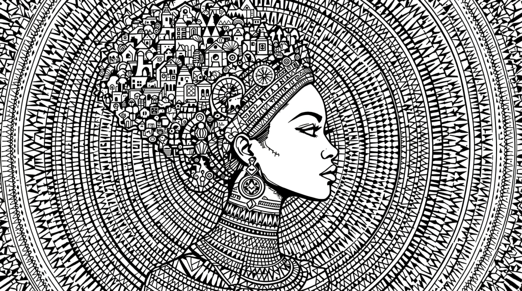 En elegant Moder Afrika färgläggningssida med en majestätisk afrikansk kvinna i profil med intrikata geometriska mönster och arkitektoniska element.