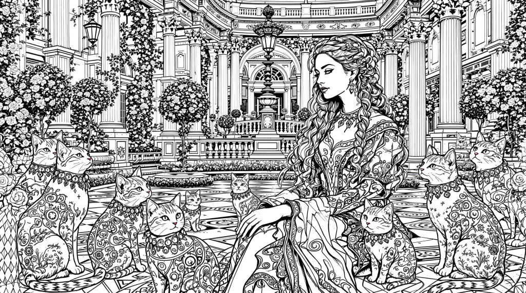 優雅な長髪の女性と7匹の装飾的な猫が描かれたルネサンス様式の大人の塗り絵 - クラシカルガーデン