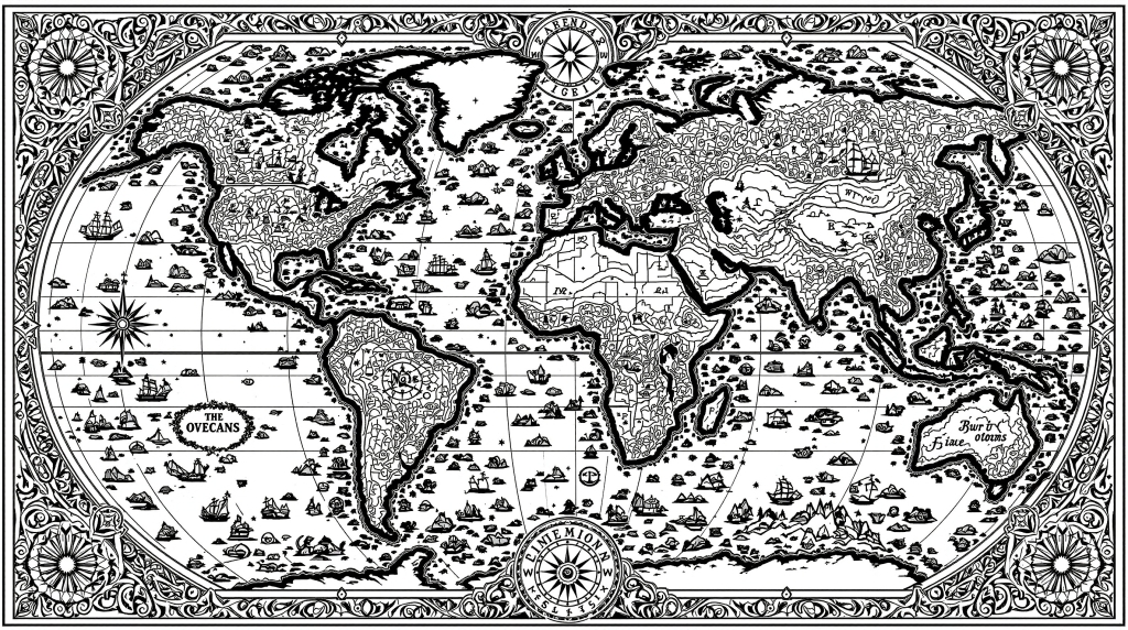An elaborate world map coloring page featuring ornate cartographic details and decorative elements for advanced adult coloring.