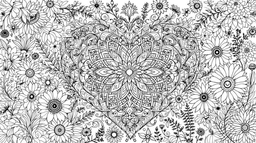 ハート型マンダラと蝶々が舞う花々の精密な大人の塗り絵