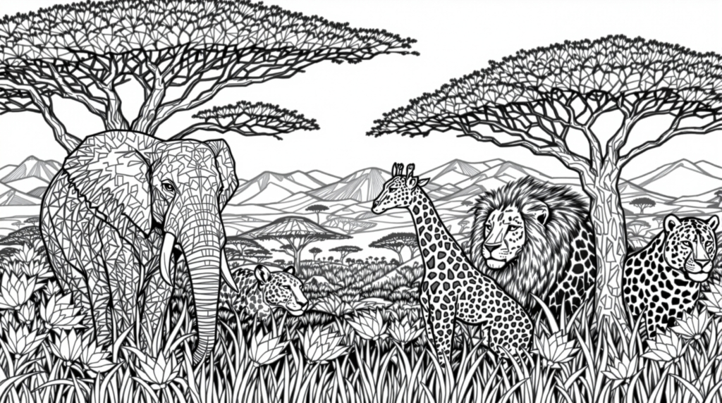ゾウ、キリン、ライオン、ヒョウが描かれた壮大なアフリカサバンナの大人の塗り絵