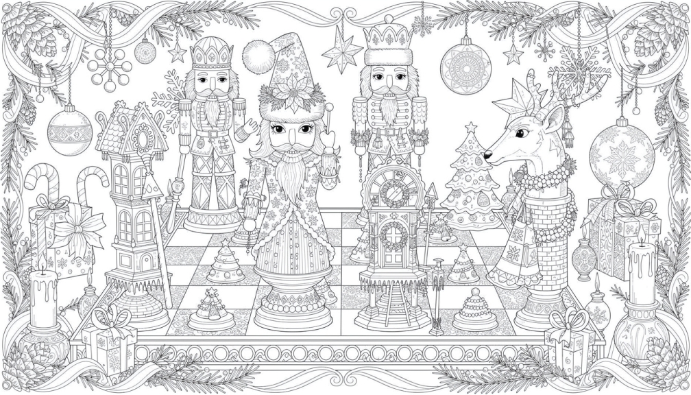 An intricate Christmas nutcracker display coloring page featuring ornate nutcracker soldiers, decorative reindeer, and festive holiday decorations on a detailed mantelpiece arrangement.