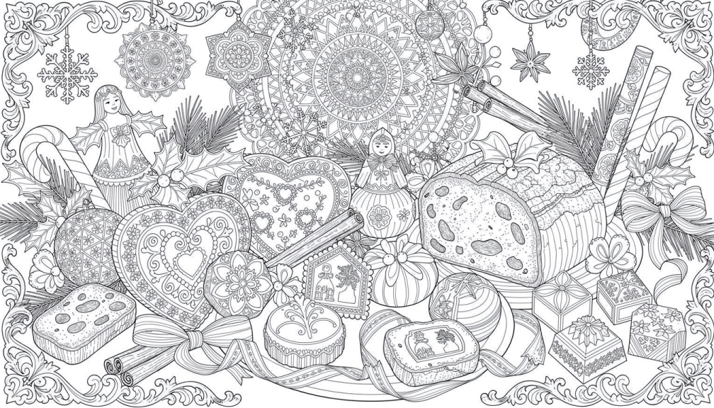 Un coloriage élaboré représentant un monde merveilleux de bonbons de Noël avec une sirène fantaisiste, des confiseries ornées et des décorations baroques complexes pour adultes expérimentés.
