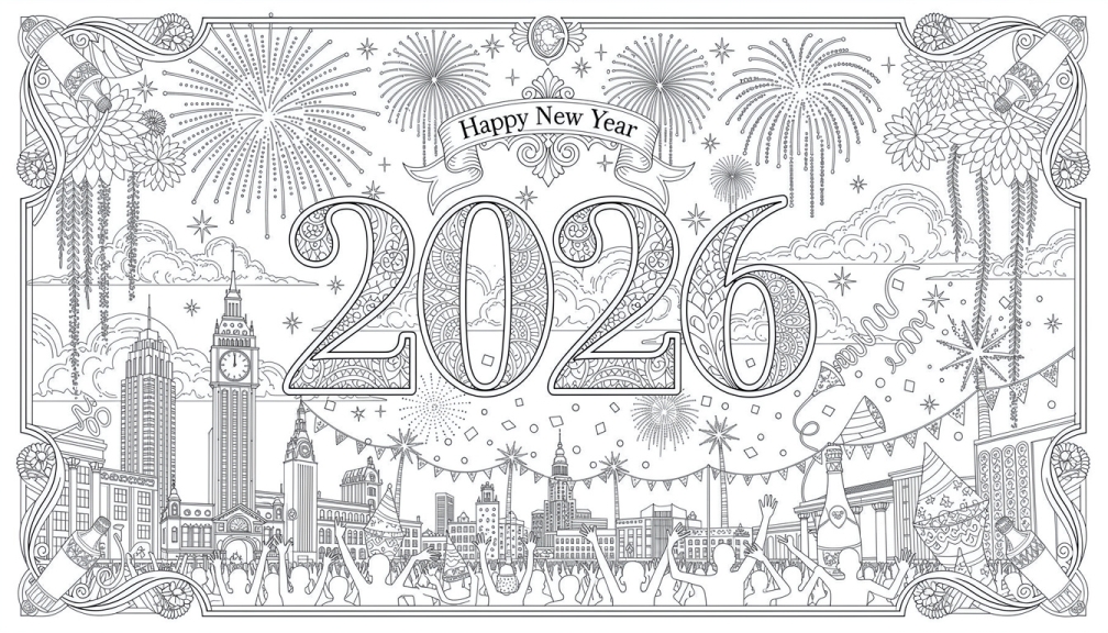 エッフェル塔、ビッグベン、エンパイアステートビルなどの象徴的なランドマークの上に爆発的な花火を描いた2020年の新年を祝う精巧な白黒線画の塗り絵ページです。