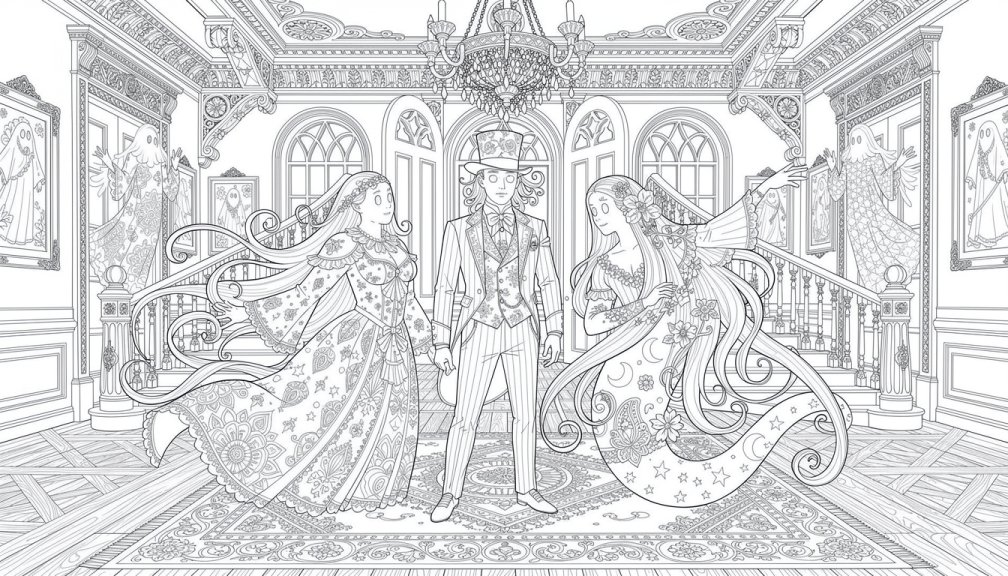 Three Victorian figures in elaborate period dress stand beneath a grand chandelier in a Gothic mansion.