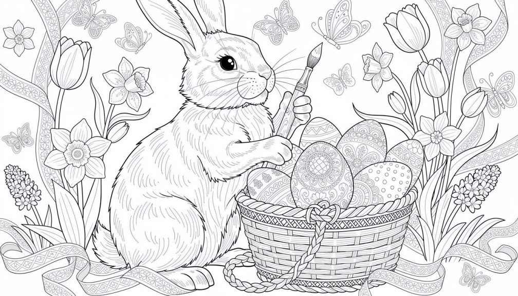 An Easter bunny artist holds a paintbrush beside a basket overflowing with decorated eggs.