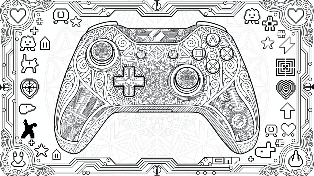 A modern gaming controller decorated with mandala patterns and flowing Art Nouveau designs.