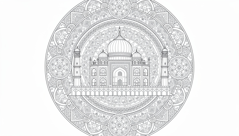 Taj Mahal reiser seg som en mandala, omgitt av lag med islamske mønstre og arkitektoniske detaljer.