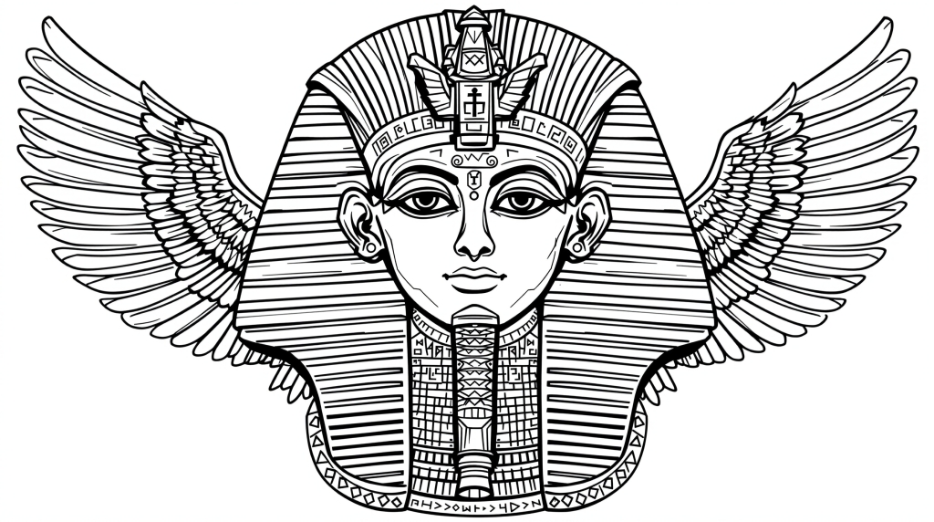 エジプトのファラオマスクの精巧な塗り絵 - 守護の翼と儀式的な装飾が特徴的な大人の塗り絵