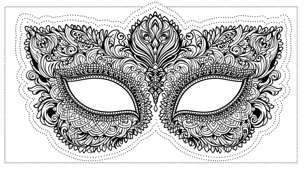 ヴェネツィアン仮面の塗り絵 - バロック様式の精巧な装飾と切り取り線付き大人の塗り絵