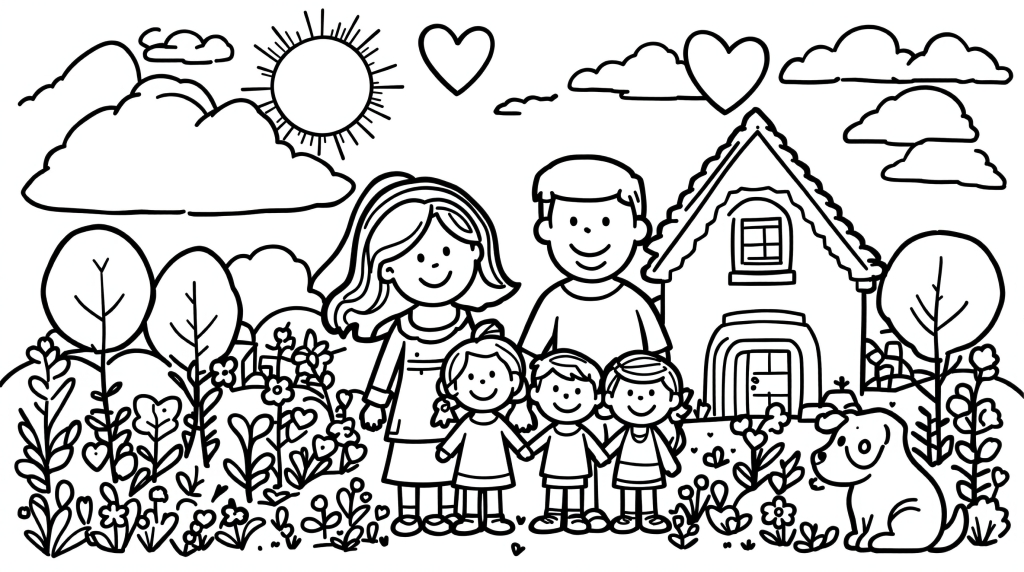 Une page de coloriage sur l'amour familial avec des parents et cinq enfants dans un beau jardin.
