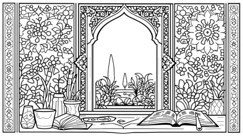イスラム建築と植物モチーフが美しい細密画風の大人の塗り絵 - 庭園シーンとボタニカルアート