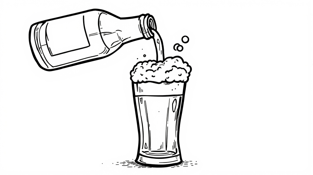 初心者向けビール瓶からグラスに注ぐ塗り絵 - 太い輪郭線とシンプルなデザイン