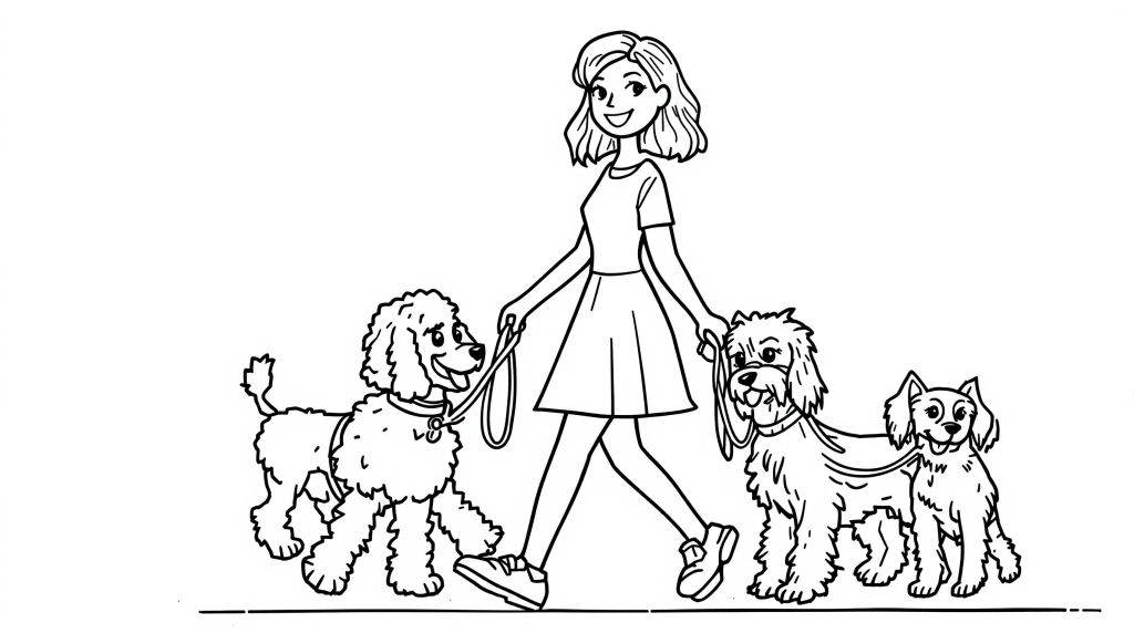 En glad blond kvinde der går tur med tre søde hunde inklusive en puddel og Yorkshire terrier på denne dejlige maleside.