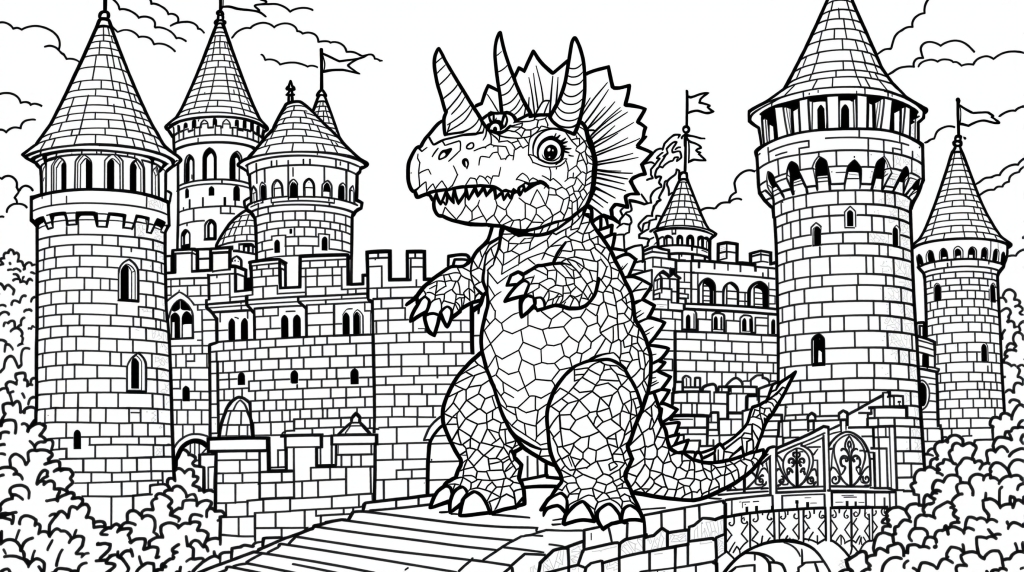 A detailed dragon coloring page standing between two medieval castles with intricate spiky crest and stone architecture.
