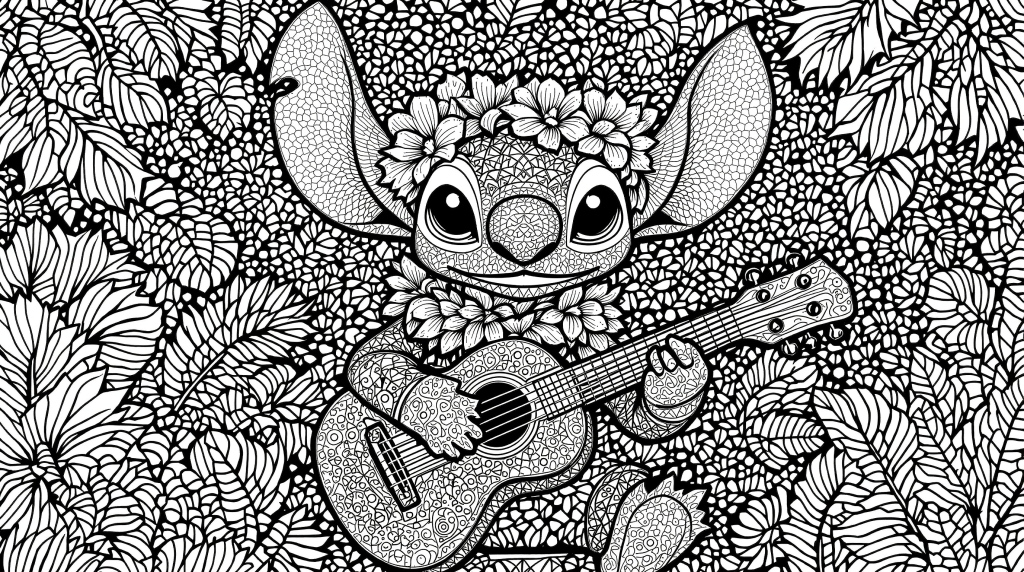 An intricate Stitch character coloring page featuring detailed floral crown and complex zentangle patterns throughout.