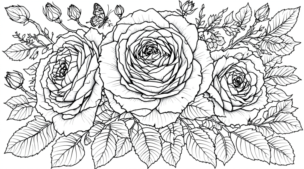 リアルなバラの塗り絵 - 様々な開花段階の薔薇と繊細な葉の詳細を描いた本格的なボタニカルアート