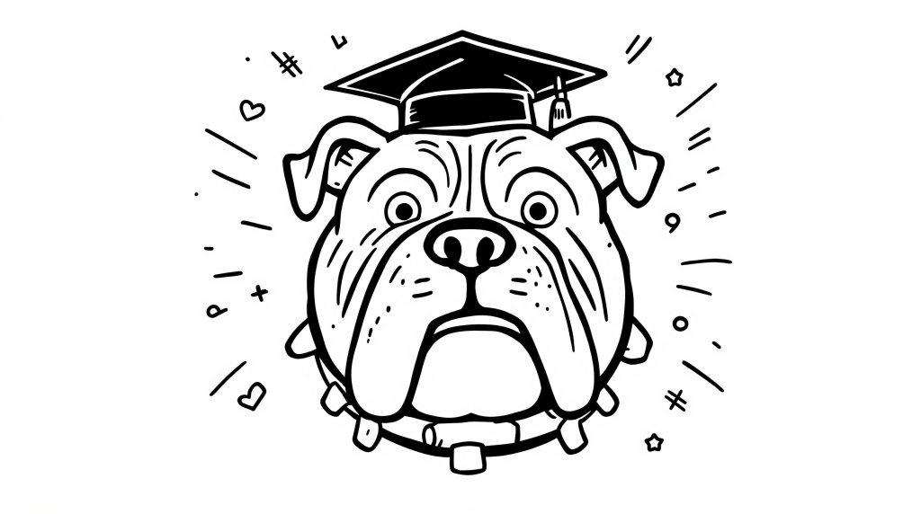 Uma página de colorir de mascote bulldog estilo Keith Haring com chapéu de formatura e design temático universitário.