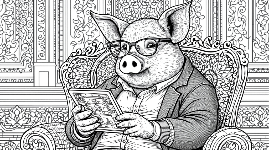 Un porc anthropomorphe élégant portant des lunettes et une tenue formelle utilise une tablette dans un cadre baroque orné.