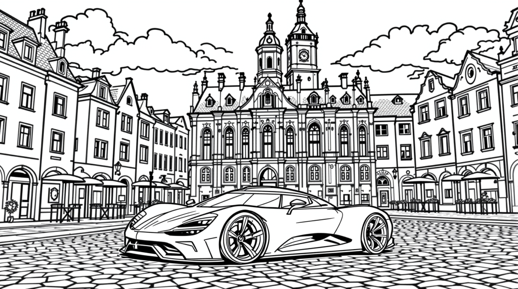 A Koenigsegg Jesko supercar coloring page set in Poznań's historic Old Market Square with Town Hall.