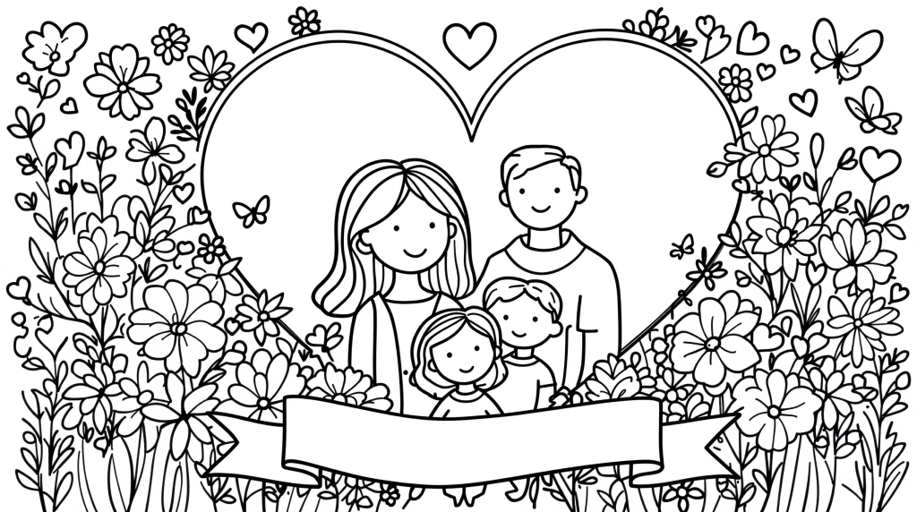 Une page de coloriage touchante sur l'amour familial avec des parents et enfants entourés de bordures florales élaborées et de cœurs décoratifs.