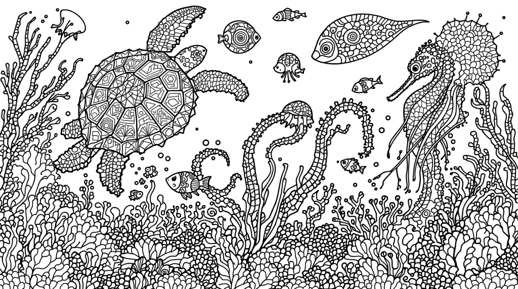 Skomplikowana strona do kolorowania podwodnego świata z morskimi stworzeniami na jasnym tle zaprojektowana dla zaawansowanych dorosłych kolorystów.