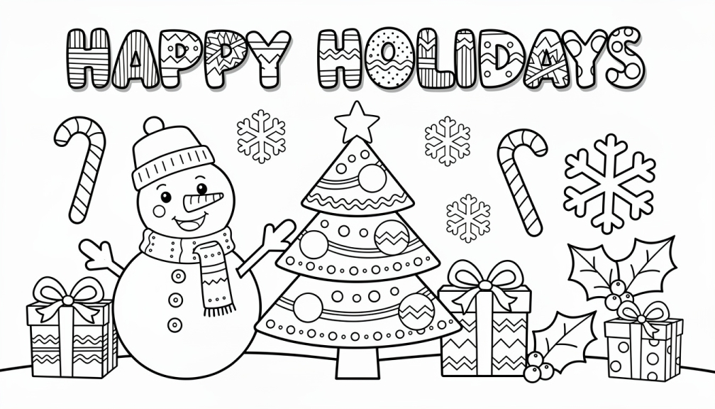 Una página para colorear festiva de Felices Fiestas zentangle con personajes navideños alegres y elementos decorativos con patrones simples.