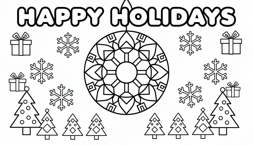 Una página para colorear zen geométrica de Felices Fiestas con adornos de mandala, copos de nieve y árboles de Navidad con contornos gruesos para colorear adultos fácilmente.