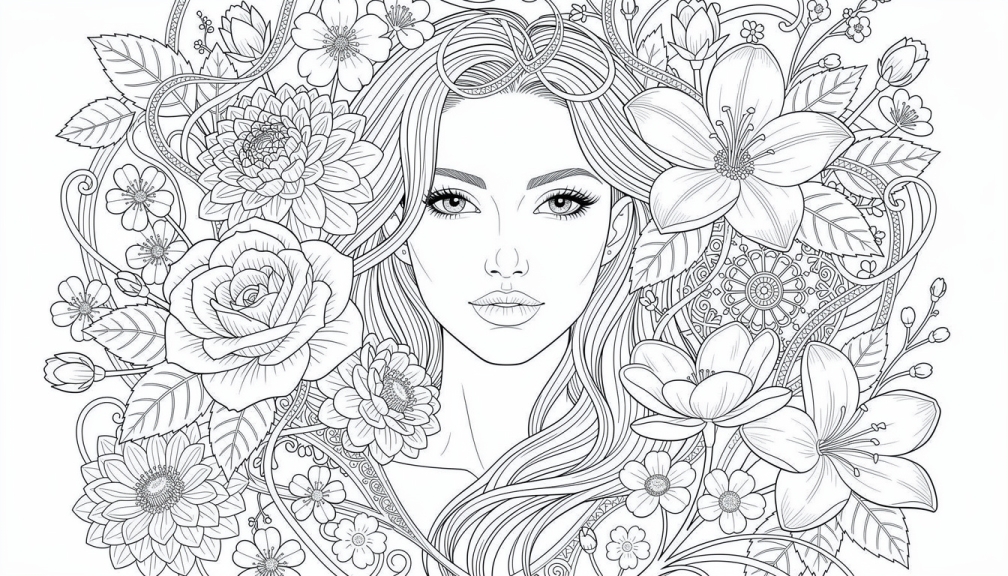 An elegant woman's face surrounded by intricate botanical flowers creates a sophisticated adult coloring page with detailed line art.
