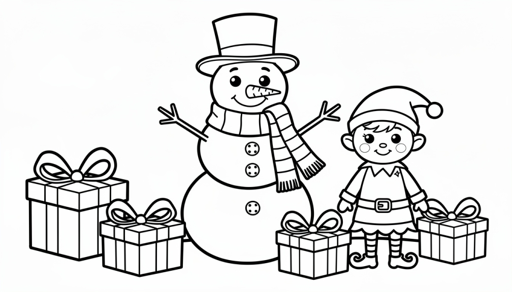 Un bonhomme de neige joyeux avec un lutin de Noël et des cadeaux emballés à colorier avec des contours épais pour débutants.