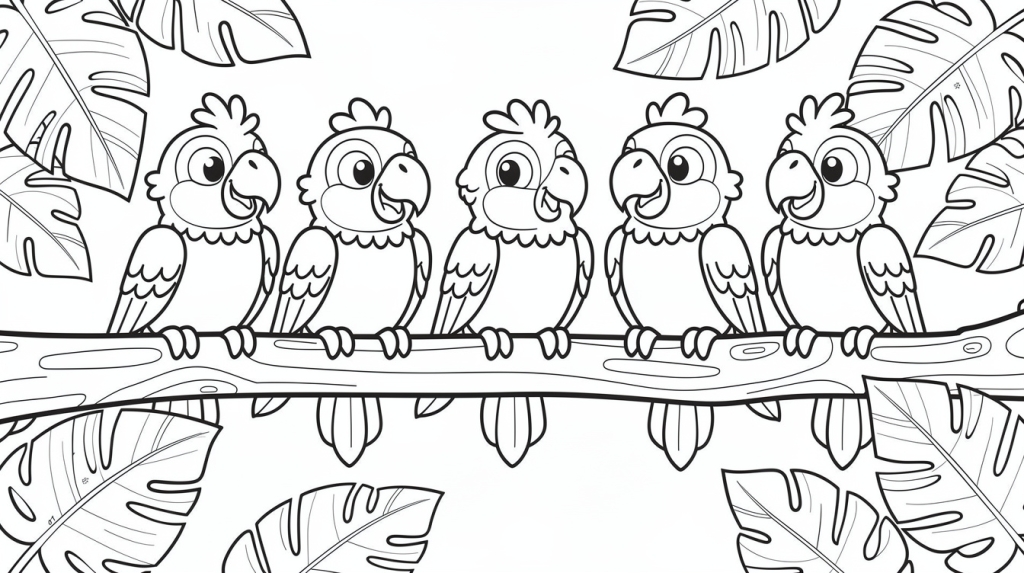 Five friendly cockatoos perch together on a tropical branch surrounded by monstera leaves.