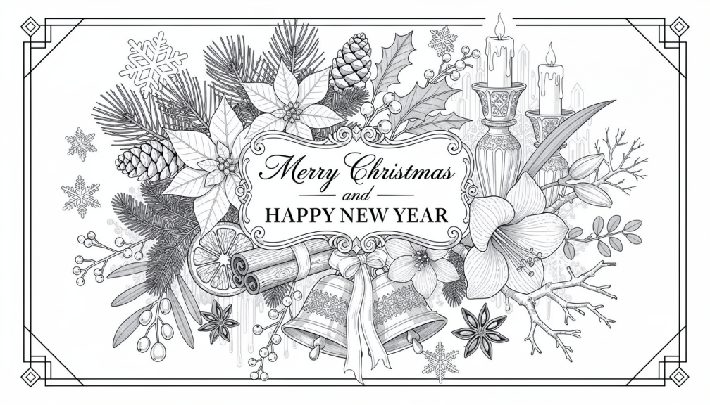 Une élégante page de coloriage Joyeux Noël et Bonne Année présente une calligraphie ornementale entourée d'éléments botaniques hivernaux réalistes en dessin au trait sophistiqué.