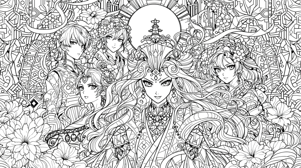En detaljerad manga-färgläggningssida med intrikata anime-karaktärer och traditionella östasiatiska dekorativa element.