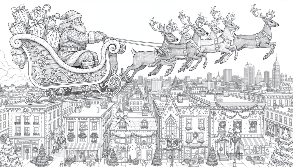 Santa Claus flies over a vast Victorian city decorated for Christmas in his ornate sleigh pulled by reindeer.