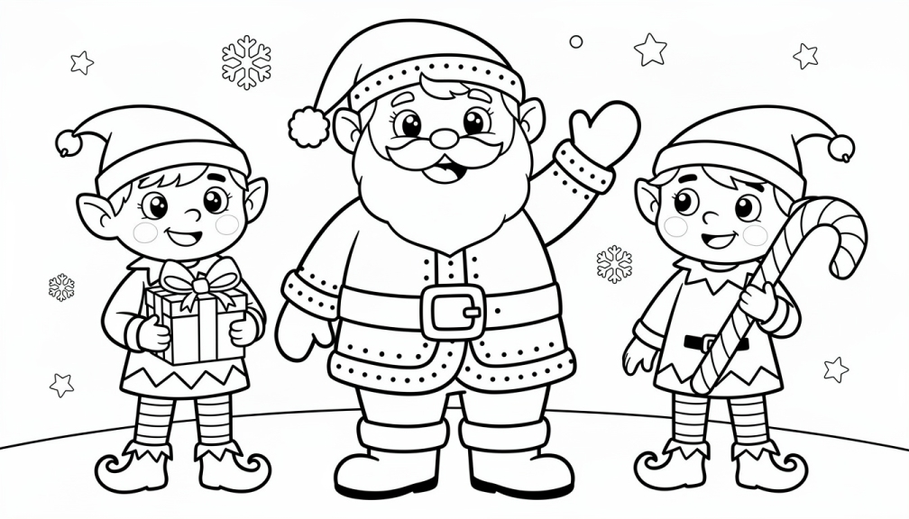 Un Père Noël joyeux qui salue avec deux lutins de Noël festifs tenant des cadeaux et des cannes de bonbon dans une scène de coloriage des fêtes.