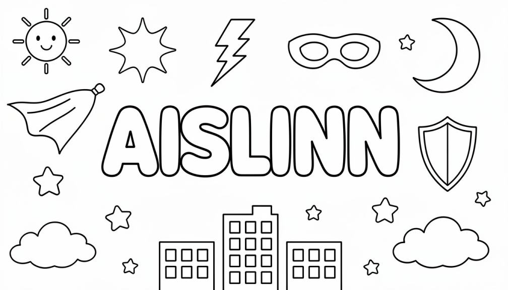 En superhjälte-färgläggningssida med namnet AISLINN i djärva bubblabokstäver omgivna av serietidningselement.